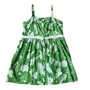 Vtg Y2K Floral Sun Dress Jr Women XL Retro Cottage Core Green White Print Cotton